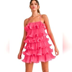 Nwot Akira Hot Pink Pleated Tiered Ruffle Adjustabl Spaghetti straps Par…